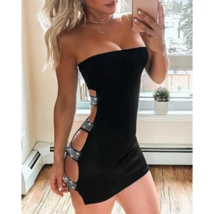 Women's Sexy Side Hollowed Out Skinny Rhinestone Ladder Cut Out Bandeau Bodycon Slim Fit Short Mini Pencil Tube Dress
