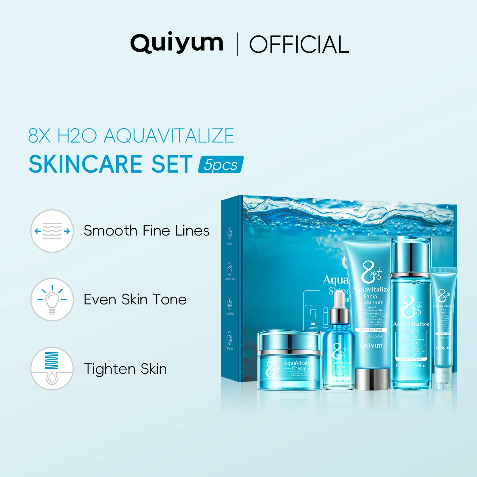 QUIYUM 8X H₂O AquaVitalize Skincare Set 5PCS Deep Hydration Kit Wrinkle Smoothing Tightening Treatment Gift Set - Image 2
