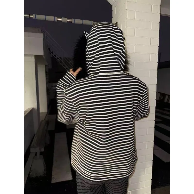 Harajuku pink striped design fur collar kawaii zip up hoodies for women fashion aesthetic y2k winter new casual baggy sweatshirt - Image 6