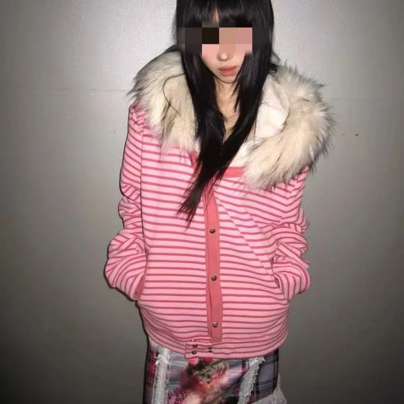 Harajuku pink striped design fur collar kawaii zip up hoodies for women fashion aesthetic y2k winter new casual baggy sweatshirt