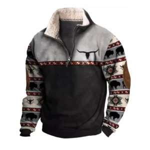 Mens Cowboy Sweatshirt Vintage Print Western Aztec Sweatshirt Casual Long Sleeve 1/4 Zip Fleece Pullover Menswear Hoodie Sweater