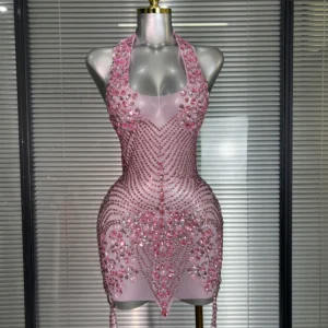 Celebrity New Women Sexy Pink Mesh Halter Stage Performance Costume Dancer Singer Night Club Mini Party Dress