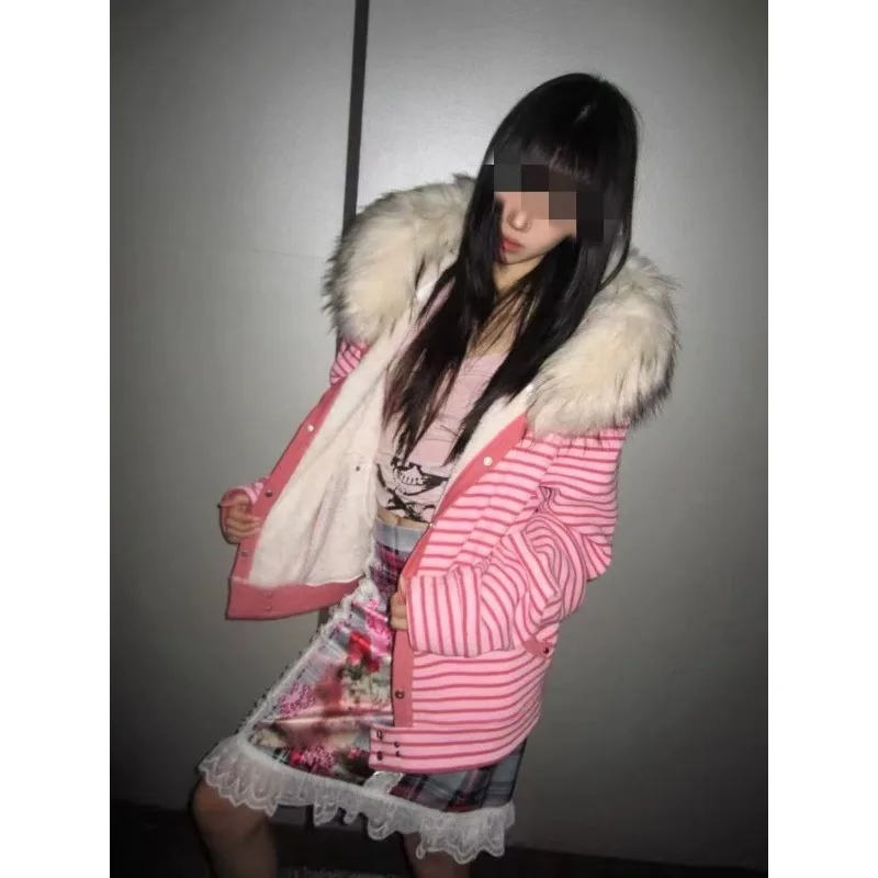 Harajuku pink striped design fur collar kawaii zip up hoodies for women fashion aesthetic y2k winter new casual baggy sweatshirt - Image 4