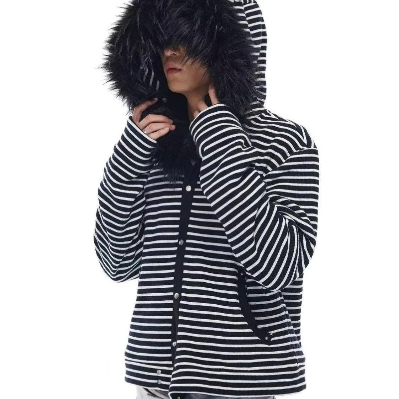 Harajuku pink striped design fur collar kawaii zip up hoodies for women fashion aesthetic y2k winter new casual baggy sweatshirt - Image 3