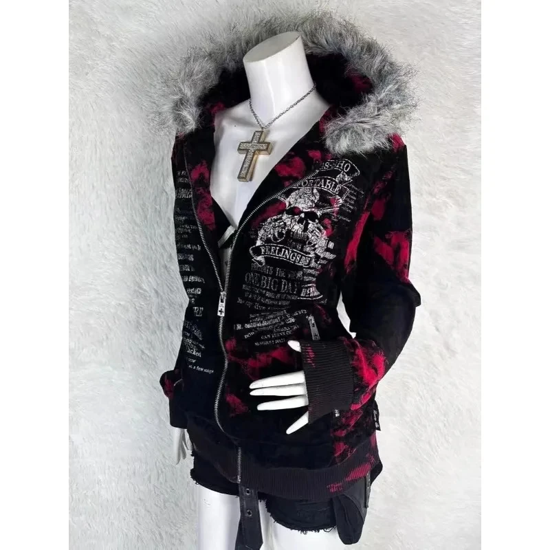 Harajuku pink striped design fur collar kawaii zip up hoodies for women fashion aesthetic y2k winter new casual baggy sweatshirt - Image 16